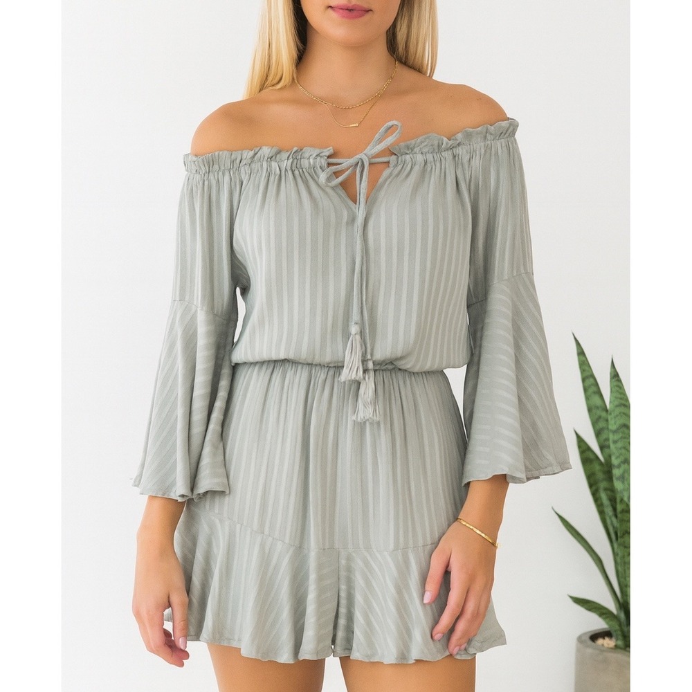 Blue B Romper Green Boho‎ Cottage core Sz M Stretch Flowy NWT Tassels Stripped